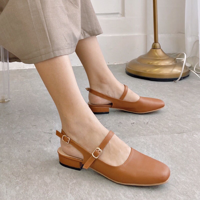 Giày búp bê mũi vuông khuyết gót màu pastel đế 2cm
