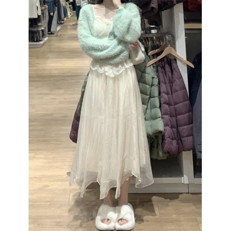 Set Áo Khoác Cardigan + Áo Hai Dây + Chân Váy Lưới Thời Trang Hàn Quốc Mới Cho Nữ