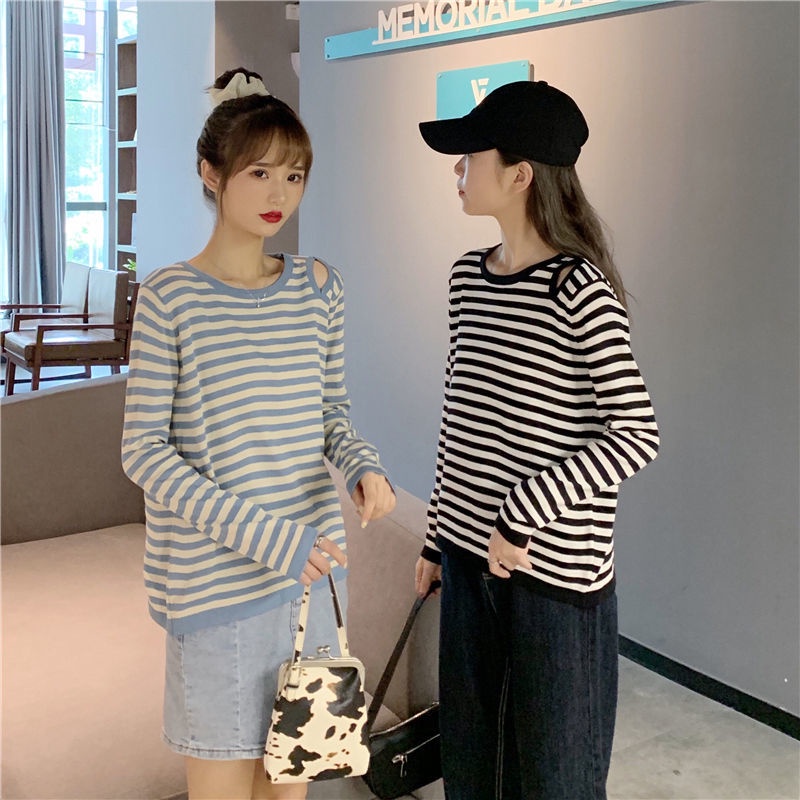 Áo Sweater Tay Dài Dáng Rộng Họa Tiết Kẻ Sọc Phong Cách Phương Tây Thời Trang Mùa Thu Cho Nữ