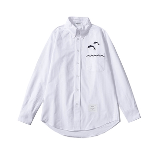 Áo sơ mi THOM BROWNE tay dài thêu họa tiết cá heo phong cách công sở thời trang unisex cặp đôi