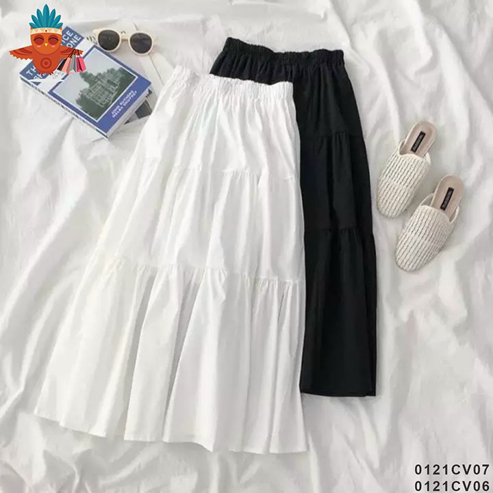 Chân váy chữ A dáng dài kiểu 3 tầng màu trơn trắng, đen THOCA HOUSE thướt tha, dễ phối đồ, phù hợp đi chơi, công sở | BigBuy360 - bigbuy360.vn