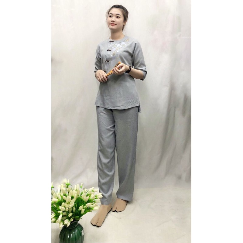 Bộ lam đi chùa cho nữ "Kiểu cổ tròn bồ đề"