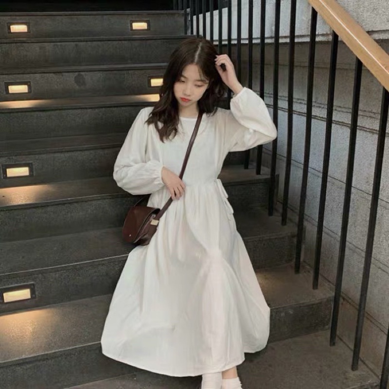 Váy dài trắng tiểu thư thắt eo 2 bên vintage thanh lịch