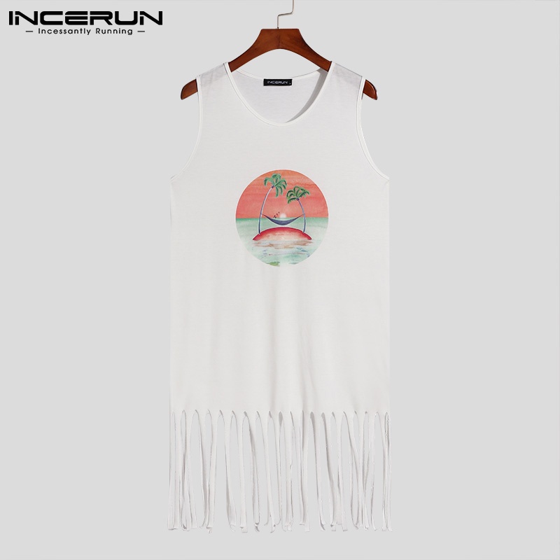 INCERUN Áo Thun Ba Lỗ Sát Nách Cổ Tròn Phối Tua Rua Thời Trang Mùa Hè Cho Nam