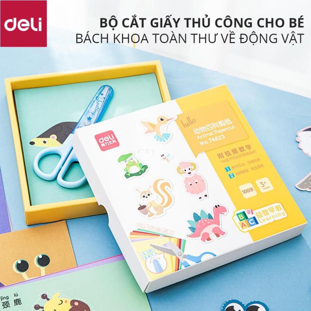 Bộ dụng cụ thủ công Deli gồm kéo và 100 tờ giấy thủ công - 74823 [Deli]