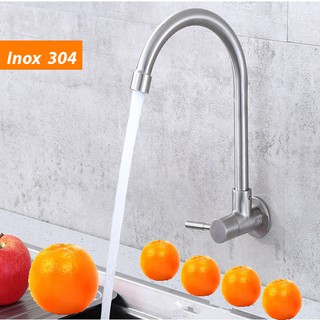 Vòi rửa chén bát đơn lạnh gắn tường OS204 inox 304 nguyên khối dáng tròn cần xoay 360 độ - Bảo hành 2 năm toàn quốc