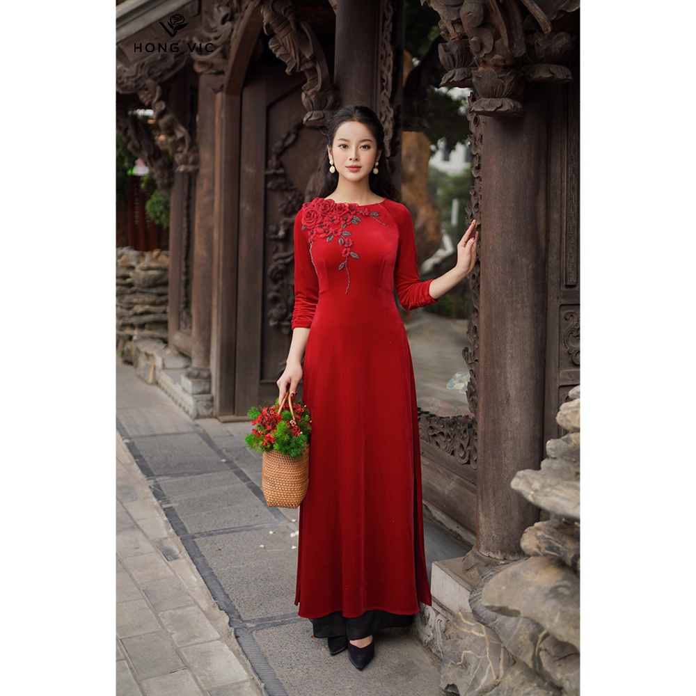 Áo dài nữ Hongvic nhung đỏ cổ thuyền AD18