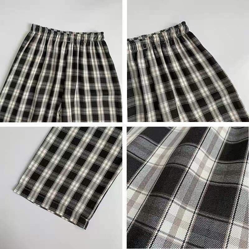 Quần kẻ caro cúc giả lưng thun dáng rộng ulzzang dưới 60kg | BigBuy360 - bigbuy360.vn