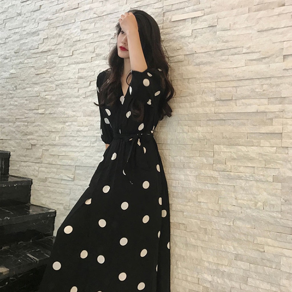 Đầm Maxi tay dài hoạ tiết chấm bi phong cách Hàn Quốc size S-XL