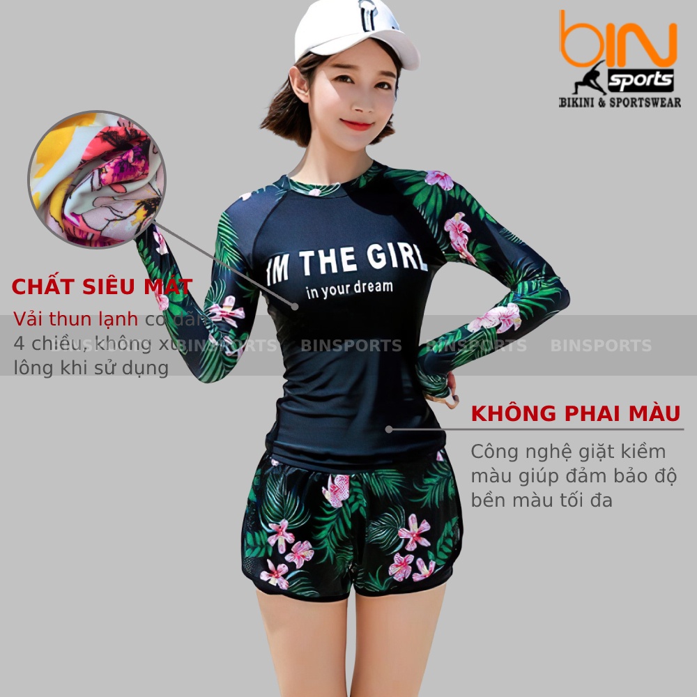 Bikini Nữ 2 Mảnh Quần Đùi Cạp Cao Aó Crop Dài Tay Phủ Bụng Bin Sports BHV089