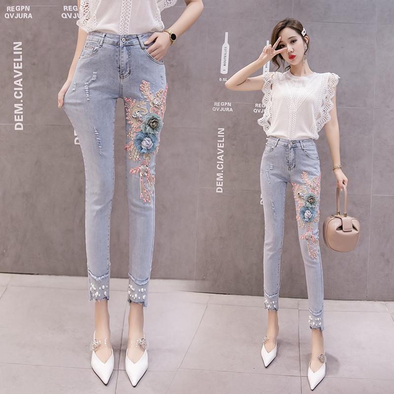 Quần jean nữ thêu hoa lưng thun co giãn tốt
