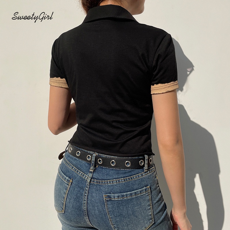 Áo Croptop Cổ Bẻ Tay Ngắn Dáng Ôm Màu Sắc Tương Phản 2022 Thời Trang Cho Nữ