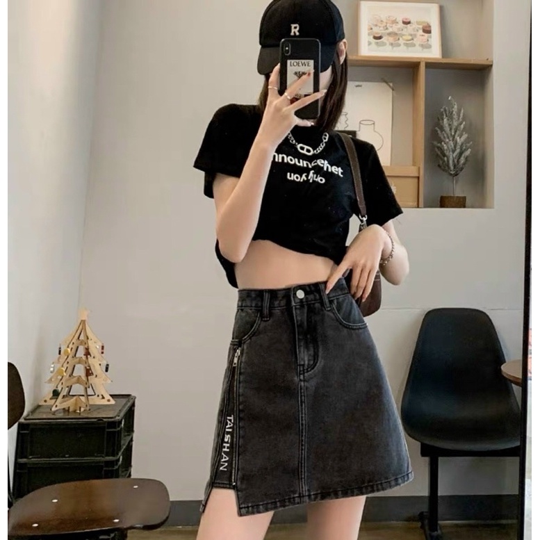 Chân Váy Jeans Co Dan Chữ A Ngắn Nữ Cạp Cao Khoá Kiểu Ở Đùi