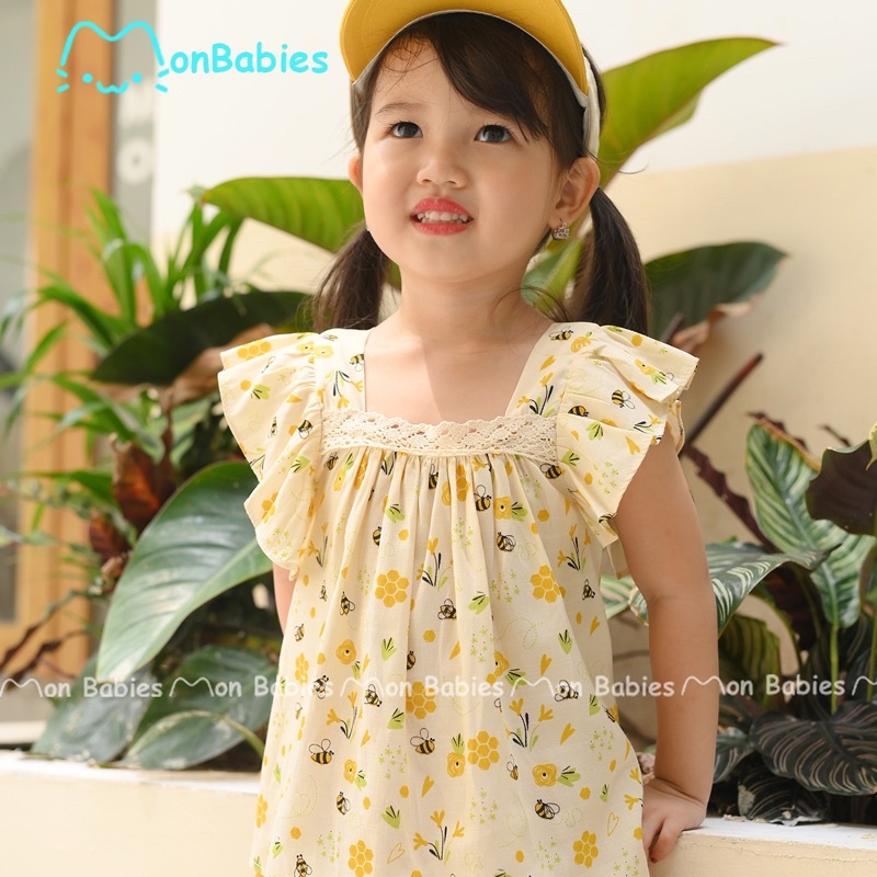 Quần áo bé gái 1-6 tuổi MonBabies VL75 chất đũi tằm cổ vuông phối họa tiết ong vàng