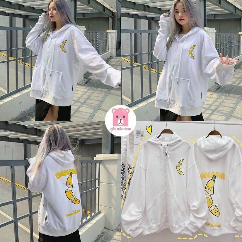 [Giá siêu rẻ] Áo khoác nỉ zip hoodie quả chuối, form rộng, có 2 phối màu đen trắng | BigBuy360 - bigbuy360.vn