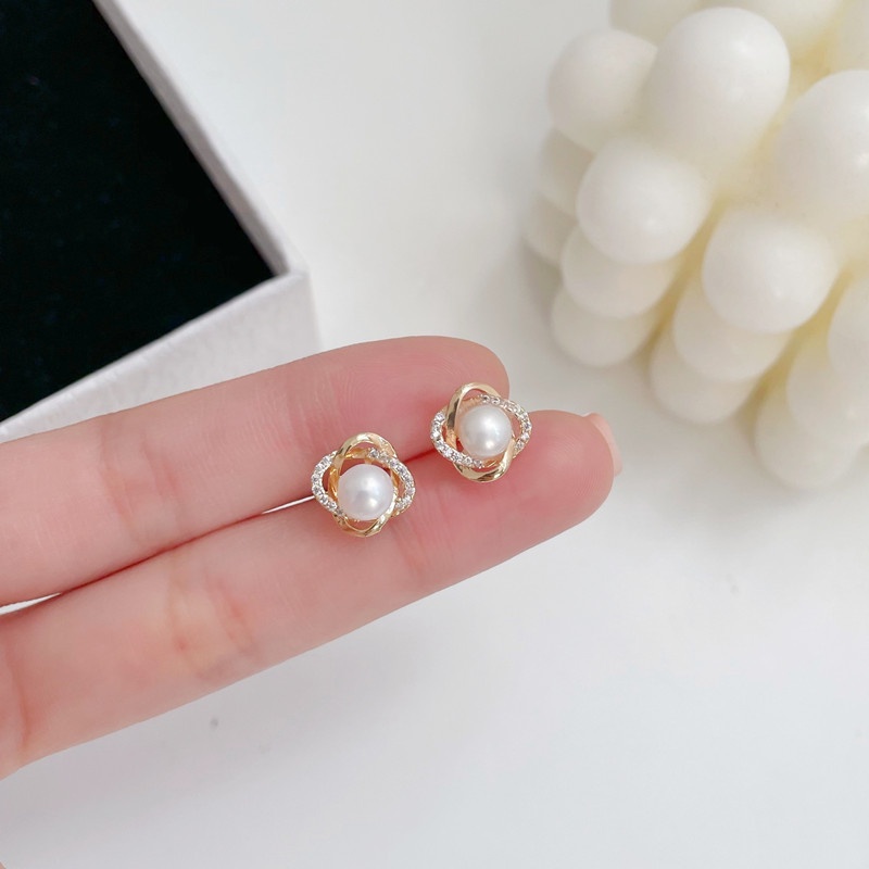 Bông Tai Mạ Bạc 925 Đính Ngọc Trai Và Kim Cương Nhân Tạo Đơn Giản