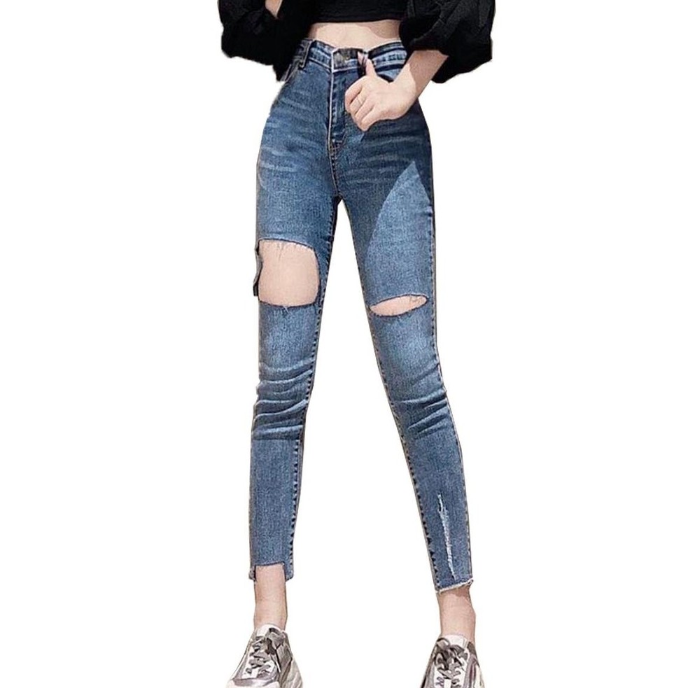 Quần jean nữ MURADFASHION JN, quần bò nữ xanh rách lưng cao cá tính phong cách thời trang cao cấp 2021