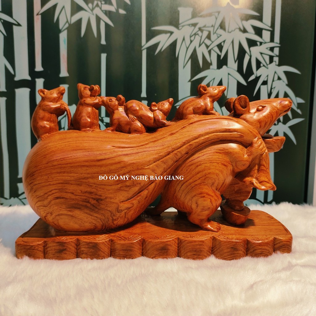 Tượng đàn chuột tài lộc gỗ hương dài 30 rộng 12 cao 19 cm