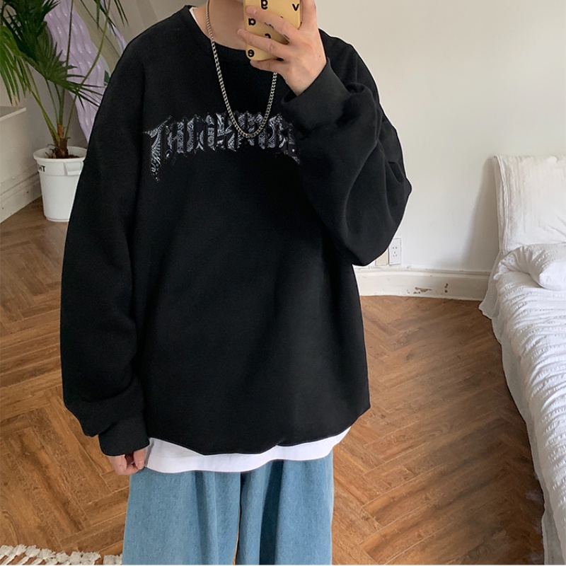 Áo sweater cổ tròn in chữ và họa tiết ngọn lửa độc đáo thời trang dạo phố cho nam size m - 5xl