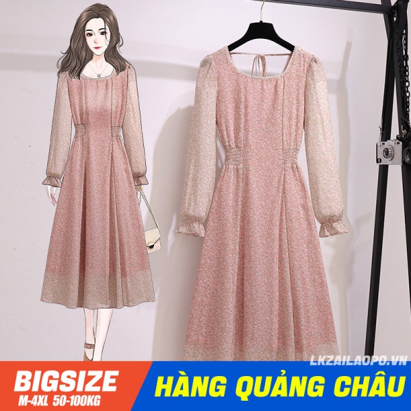Đầm hoa nhí voan ⚡️𝐁𝐈𝐆𝐒𝐈𝐙𝐄⚡️ Váy nữ tay dài cổ tròn che bụng mỡ ôm eo mùa hè Phong cách Hàn Quốc Thời Trang sang chảnh cá tính xinh đẹp quảng châu cao cấp