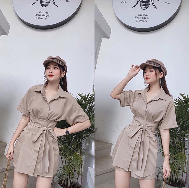 set sơmi oversize form rộng nude, trắng + quần short thắt nơ eo (ảnh thật)