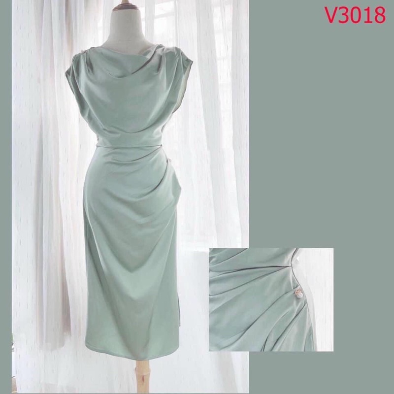 VNU342 - VÁY XANH NGỌC LỆCH VAI DÚM SƯỜN ĐÍNH NGỌC | BigBuy360 - bigbuy360.vn