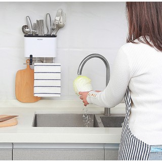 Dụng cụ nhà bếp - Hộp đựng muôi thìa đũa 3 ngăn kèm các móc treo đồ và giá treo khăn Ecoco gắn tường