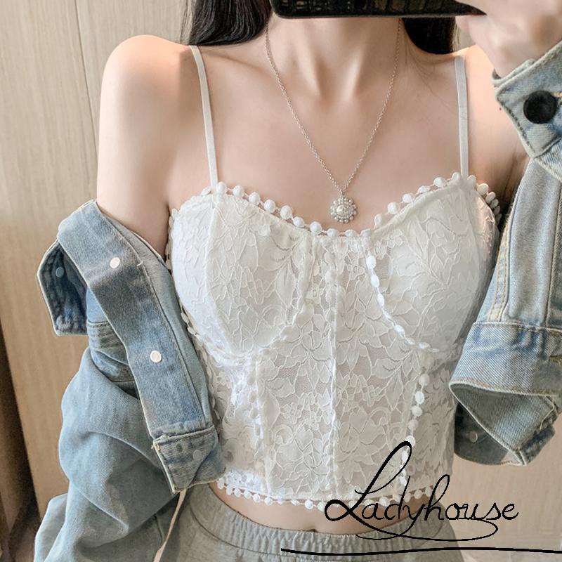 Áo Hai Dây Họa Tiết Hoa Màu Trơn Phối Ren Có Đệm Ngực Tháo Rời Màu Đen/Trắng Thời Trang Mùa Hè Cho Nữ