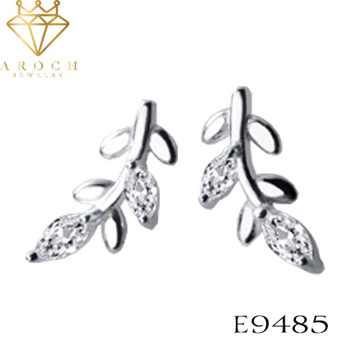 Khuyên tai bạc Ý s925 lá đính đá E9485 - AROCH Jewelry