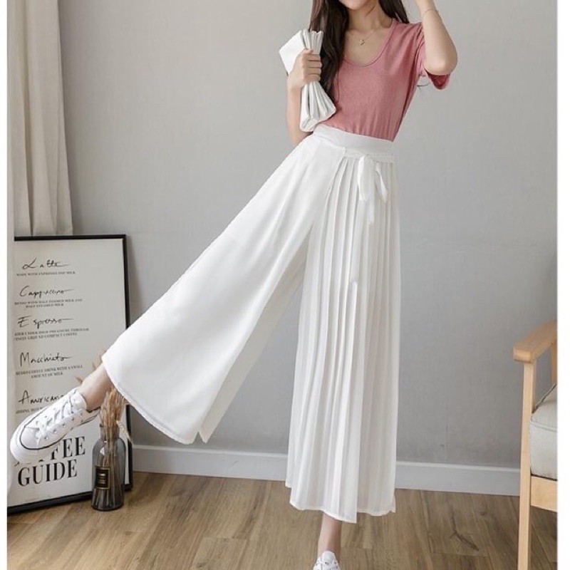 Quần voan chiffon ống rộng giả váy đấp tà cột nơ có bigsize