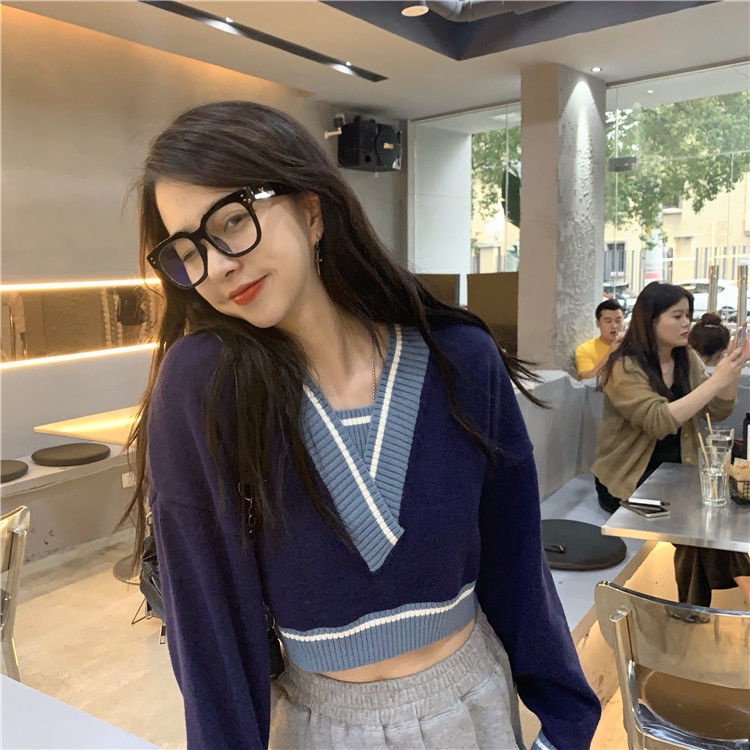 Áo Len Cổ Chữ V Màu Tương Phản Thời Trang Mùa Thu Cho Nữ