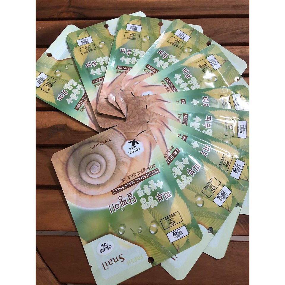 10 Miếng mặt nạ dưỡng ẩm da  Ốc Sên  3W CLINIC FRESH SNAIL MASK SHEET 23g Hàn Quốc