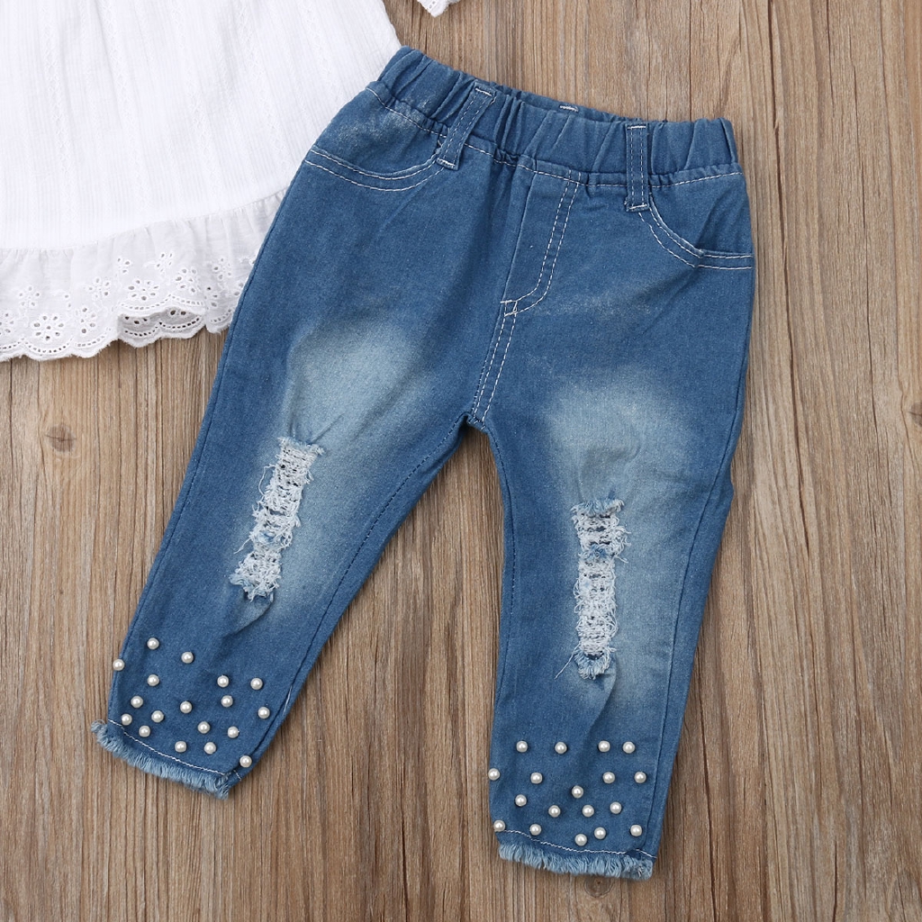 Set áo trễ vai và quần jeans dài đáng yêu cho bé gái