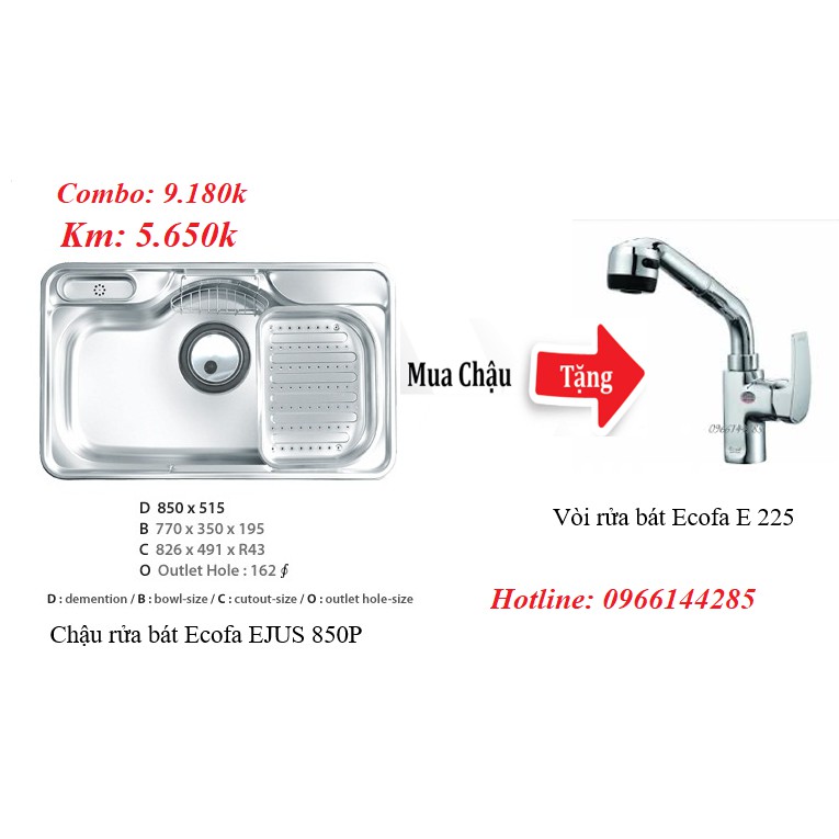 Chậu rửa bát Ecofa Hàn Quốc 1 Hố EJUS 850P tặng vòi rửa bát Hàn Quốc Ecofa E 225