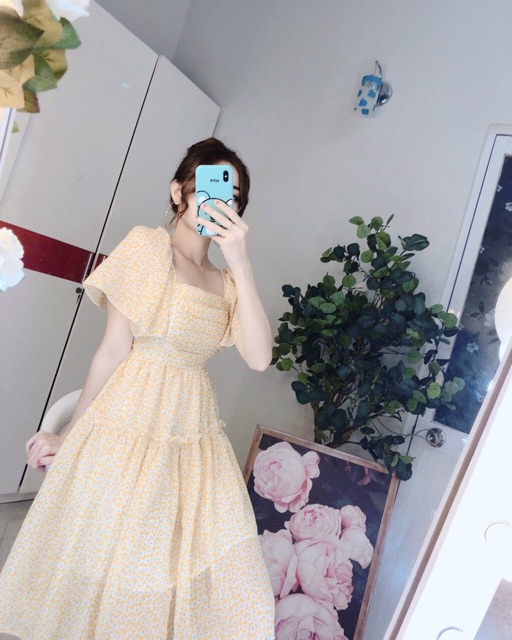 Đầm cổ vuông hoa nhí xếp ly (hình thật+video) | BigBuy360 - bigbuy360.vn