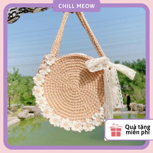 Túi tròn sợi simply cotton, túi len handmade viền hoa nhí vintage CHILLMEOW