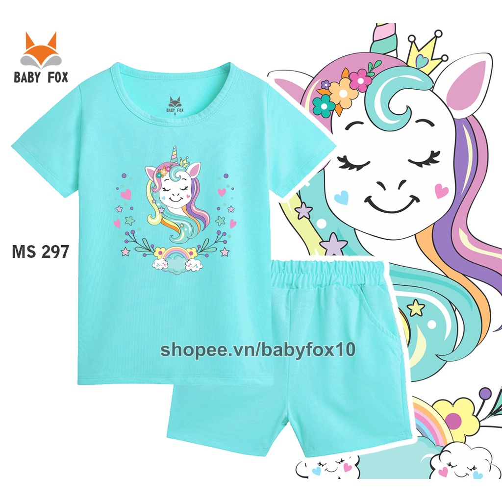Bộ thun bé gái 100% cotton cao cấp, thương hiệu BABY FOX, in hình Unicon, size nhỏ, trung, đại i