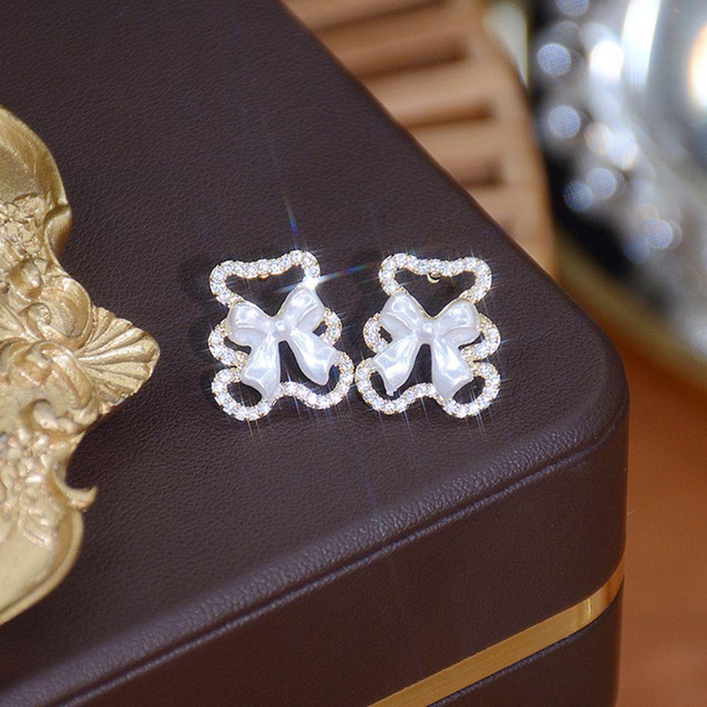 Bông Tai Hình Gấu Đính Kim Cương Giả Tinh Tế Cho Nữ|Khuyên Tai Ngọc Trai Nơ