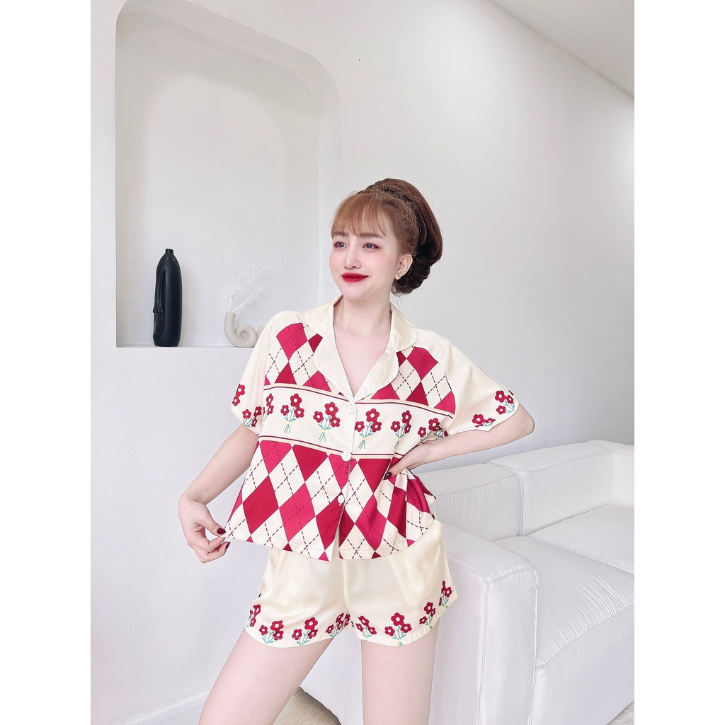 Pijama lụa Latin in chân crotop, họa tiết siêu xinh