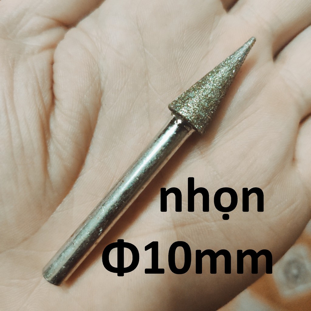 Mũi mài kim cương, mũi mài khắc đá, ngọc, hình nhọn 6-8-10-12mm, cán 6mm