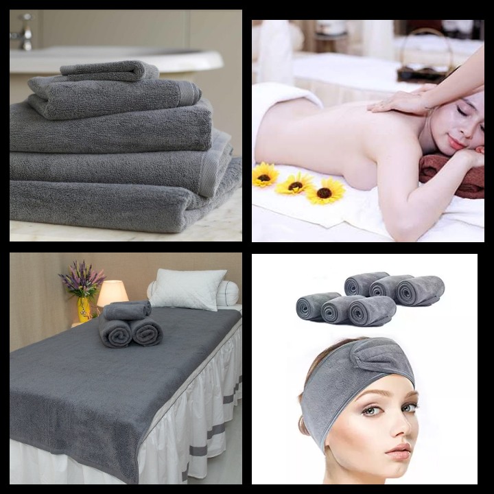 Trọn Bộ Khăn SPa , Combo 5 Khăn gồm : khăn trải giường 90*190,khăn quấn body 70*140,khăn gội,khăn nail,băng đô quấn đầu