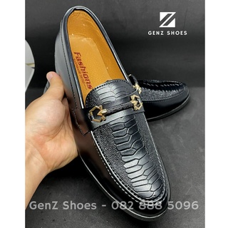 Giày da nam đen dập vân GenZShoes, giày lười nam dập vân sang trọng đế khâu chắc chắn