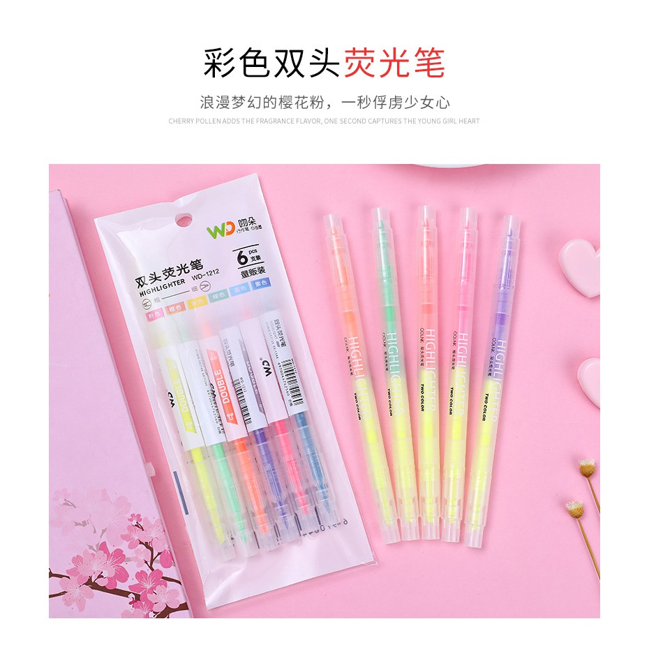 Bút highlight bút đánh dấu dạ quang pastel 2 đầu nhiều màu tiện dụng