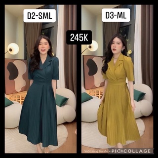 _d2/3 - đầm cổ vest xếp ly _màu xanh/vàng