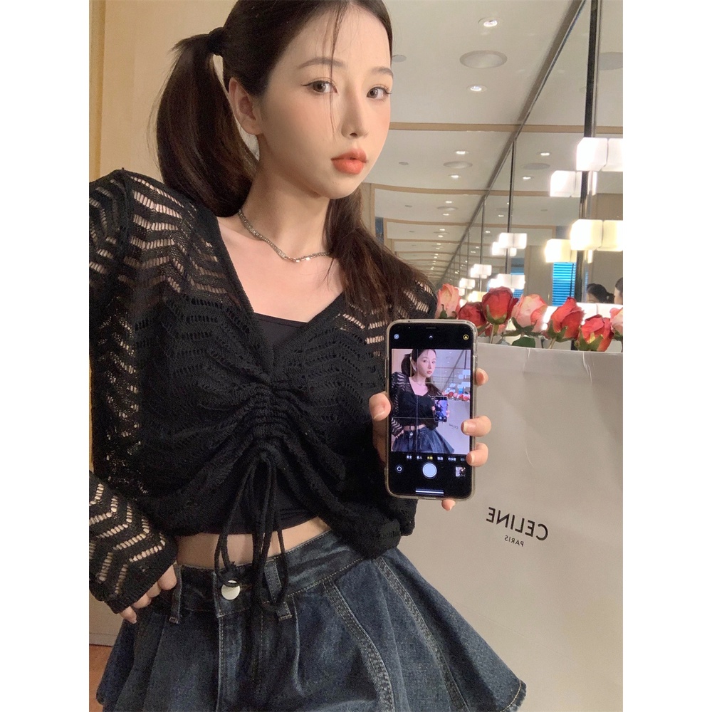 【ZHELIHANGFEI】Áo Dệt Kim Chống Nắng Lưng Cao Phối Dây Rút Trẻ Trung Quyến Rũ Dành Cho Nữ