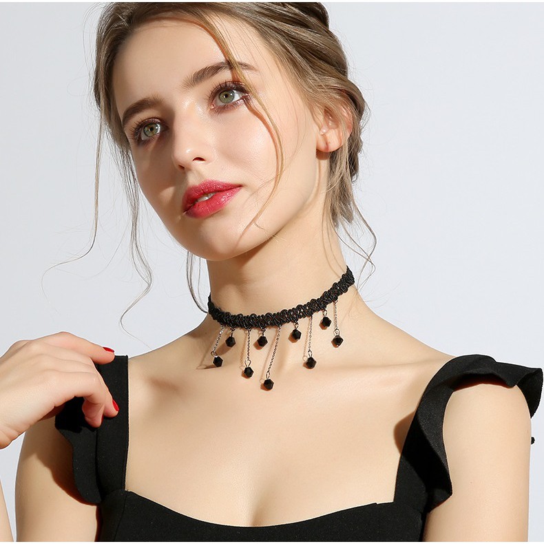 Vòng chocker đính hạt đen tua rua đơn sắc VC22