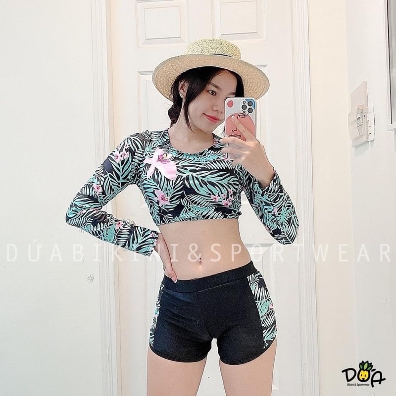 [VN2] Bikini nữ tay dài croptop hoa lá đan dây lưng