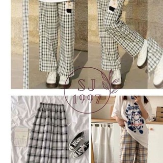 Quần Kẻ Nữ Cạp Chun Caro Lưng Cao Dáng Rộng Ống Suông ulzzang