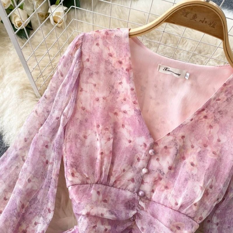 ĐẦM TIỂU THƯ HOA ĐÍNH NÚT TAY BỒNG