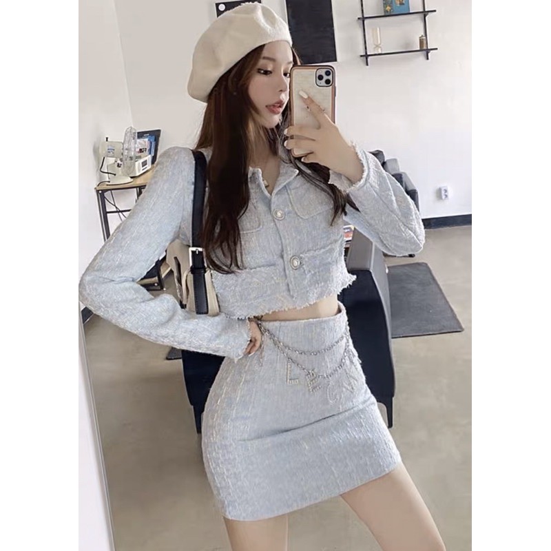 Sét Dạ Tweed Tay Dài Cao Cấp  SẴN MÀU XANH- -FREESHIP